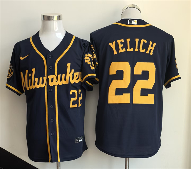 Men's Milwaukee Brewers #22 Christian Yelich Navy 2025 Stitched Baseball Jersey